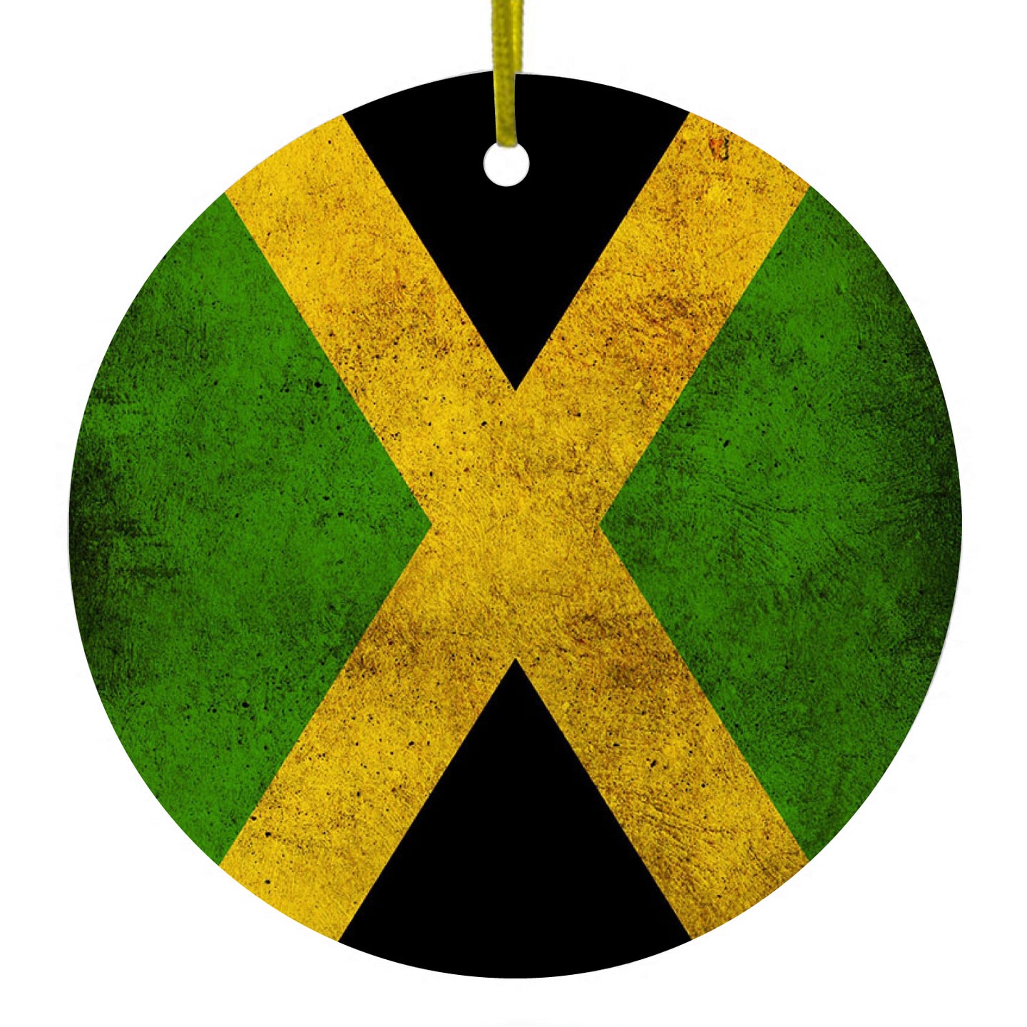 DistinctInk® Hanging Ceramic Christmas Tree Ornament with Gold String - Great Gift / Present - 2 3/4 inch Diameter - Jamaica Old Flag Black Green Yellow