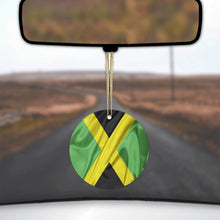 DistinctInk® Hanging Ceramic Christmas Tree Ornament with Gold String - Great Gift / Present - 2 3/4 inch Diameter - Jamaica Waving Flag Black Green Yellow