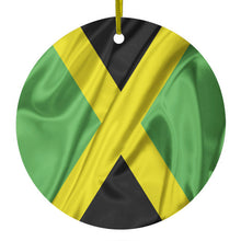 DistinctInk® Hanging Ceramic Christmas Tree Ornament with Gold String - Great Gift / Present - 2 3/4 inch Diameter - Jamaica Waving Flag Black Green Yellow