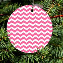 DistinctInk® Hanging Ceramic Christmas Tree Ornament with Gold String - Great Gift / Present - 2 3/4 inch Diameter - Pink White Chevron Stripes Wave