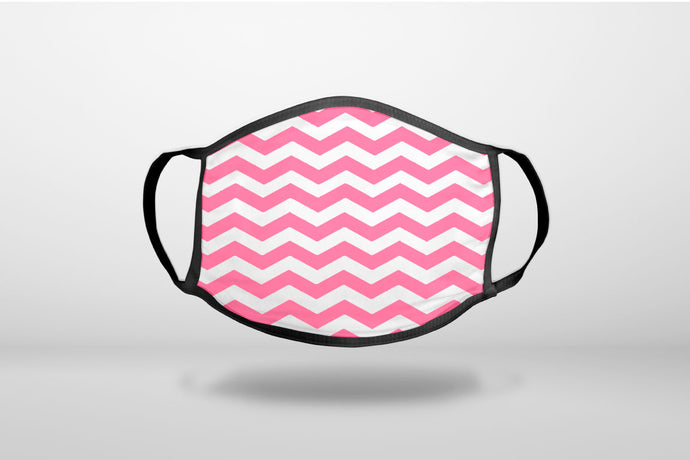 Pink White Chevron Stripes Wave - 3-Ply Reusable Soft Face Mask Covering, Unisex, Cotton Inner Layer