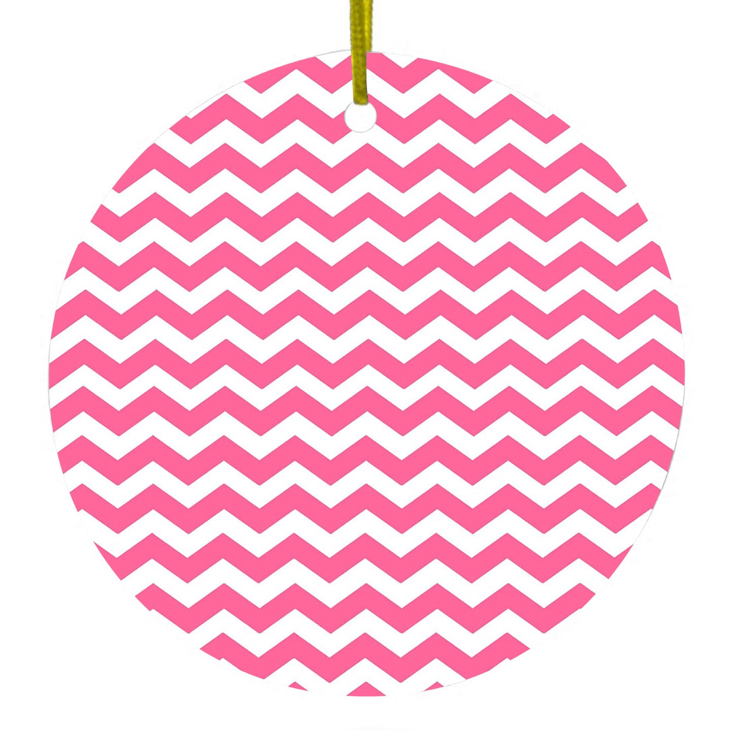DistinctInk® Hanging Ceramic Christmas Tree Ornament with Gold String - Great Gift / Present - 2 3/4 inch Diameter - Pink White Chevron Stripes Wave
