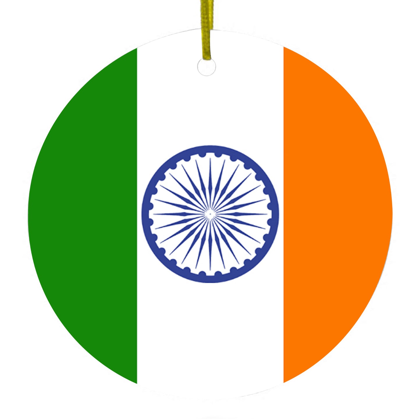 DistinctInk® Hanging Ceramic Christmas Tree Ornament with Gold String - Great Gift / Present - 2 3/4 inch Diameter - India Flag Indian