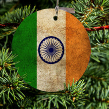 DistinctInk® Hanging Ceramic Christmas Tree Ornament with Gold String - Great Gift / Present - 2 3/4 inch Diameter - India Old Flag Indian