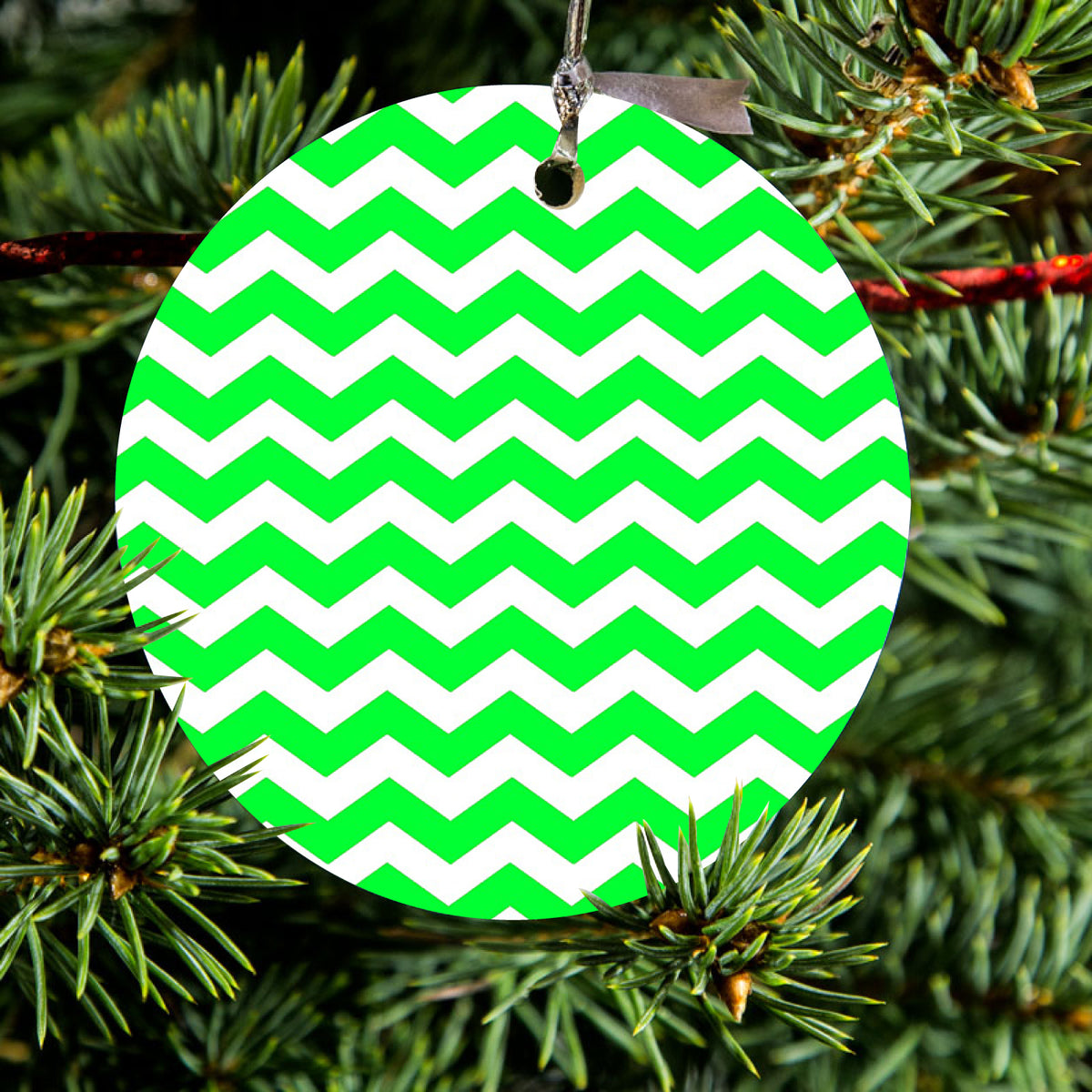 Green White Chevron Stripes Wave Ceramic Ornament, view 2