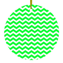 DistinctInk® Hanging Ceramic Christmas Tree Ornament with Gold String - Great Gift / Present - 2 3/4 inch Diameter - Green White Chevron Stripes Wave