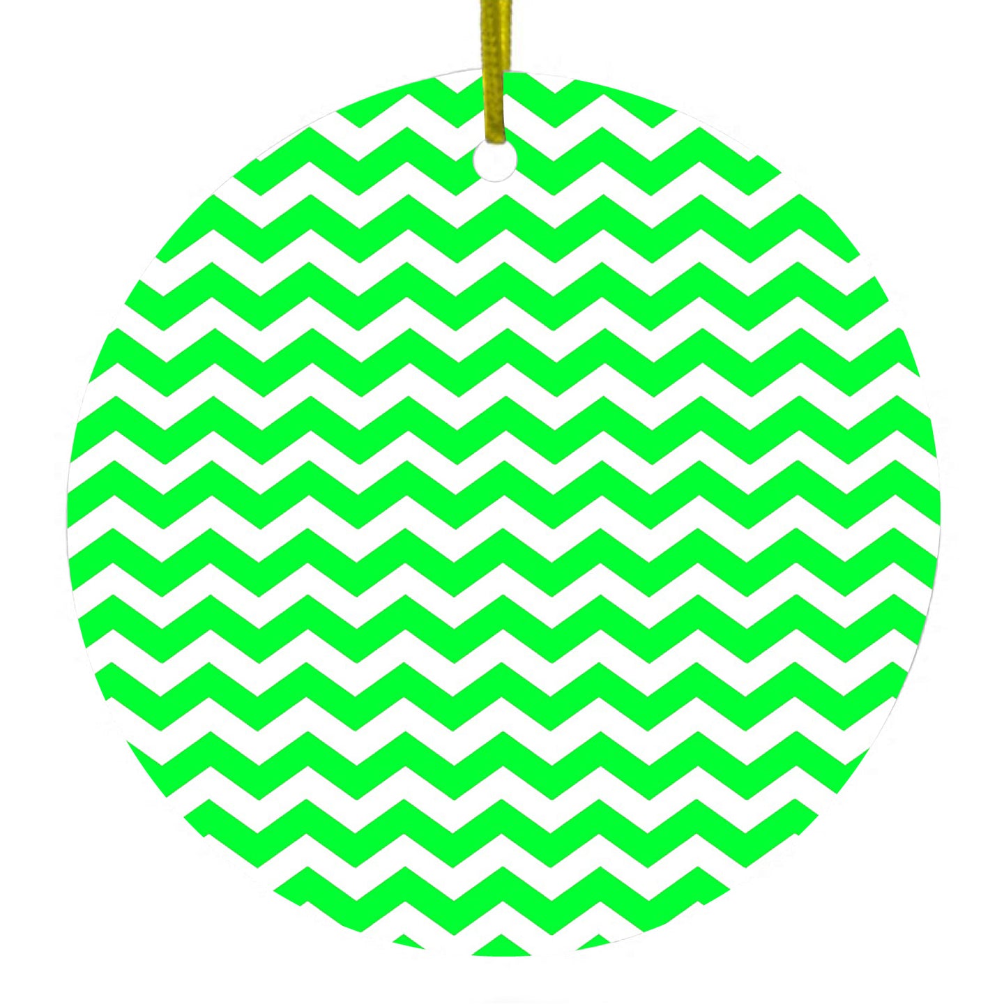 DistinctInk® Hanging Ceramic Christmas Tree Ornament with Gold String - Great Gift / Present - 2 3/4 inch Diameter - Green White Chevron Stripes Wave