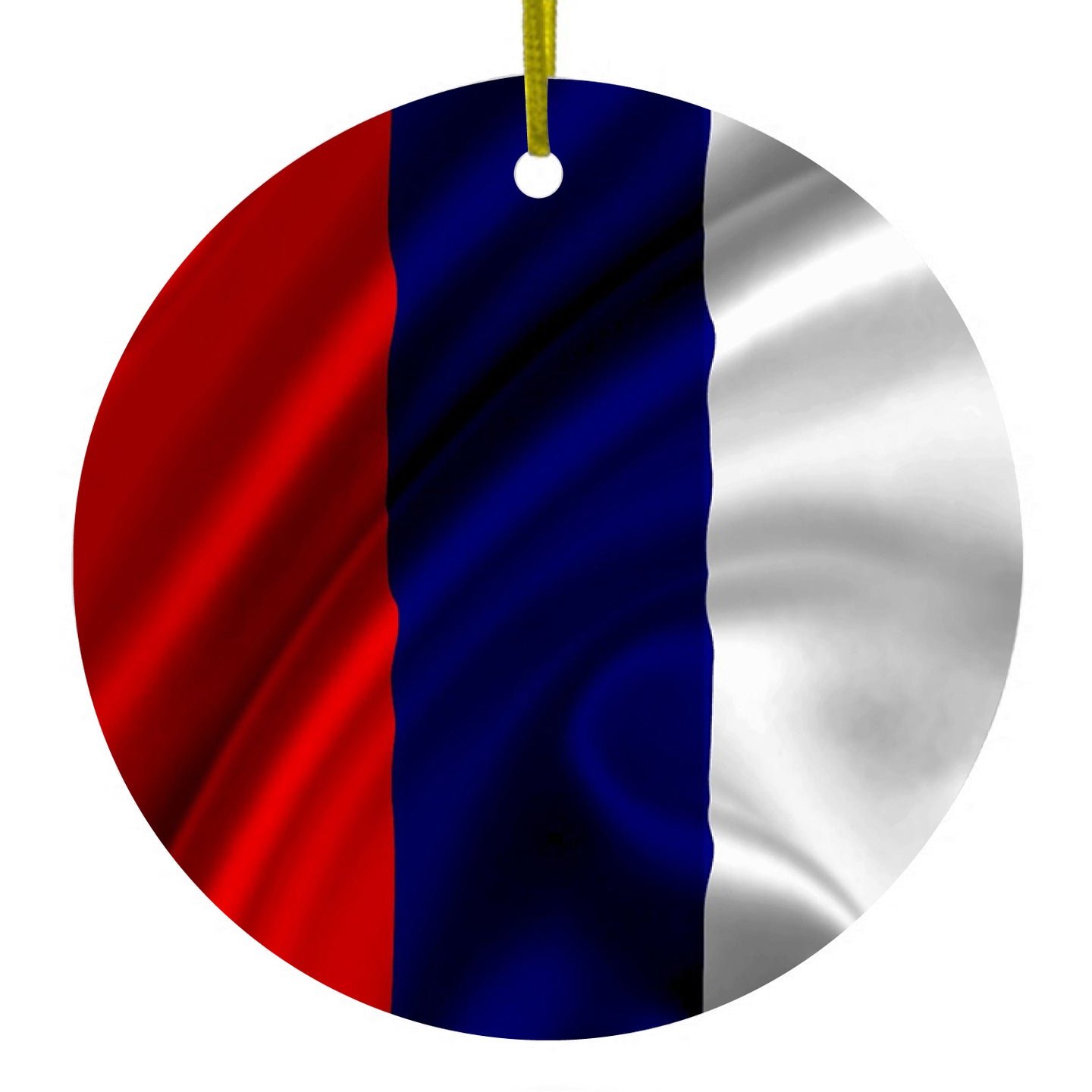 DistinctInk® Hanging Ceramic Christmas Tree Ornament with Gold String - Great Gift / Present - 2 3/4 inch Diameter - Russia Russian Waving Flag Red Yellow