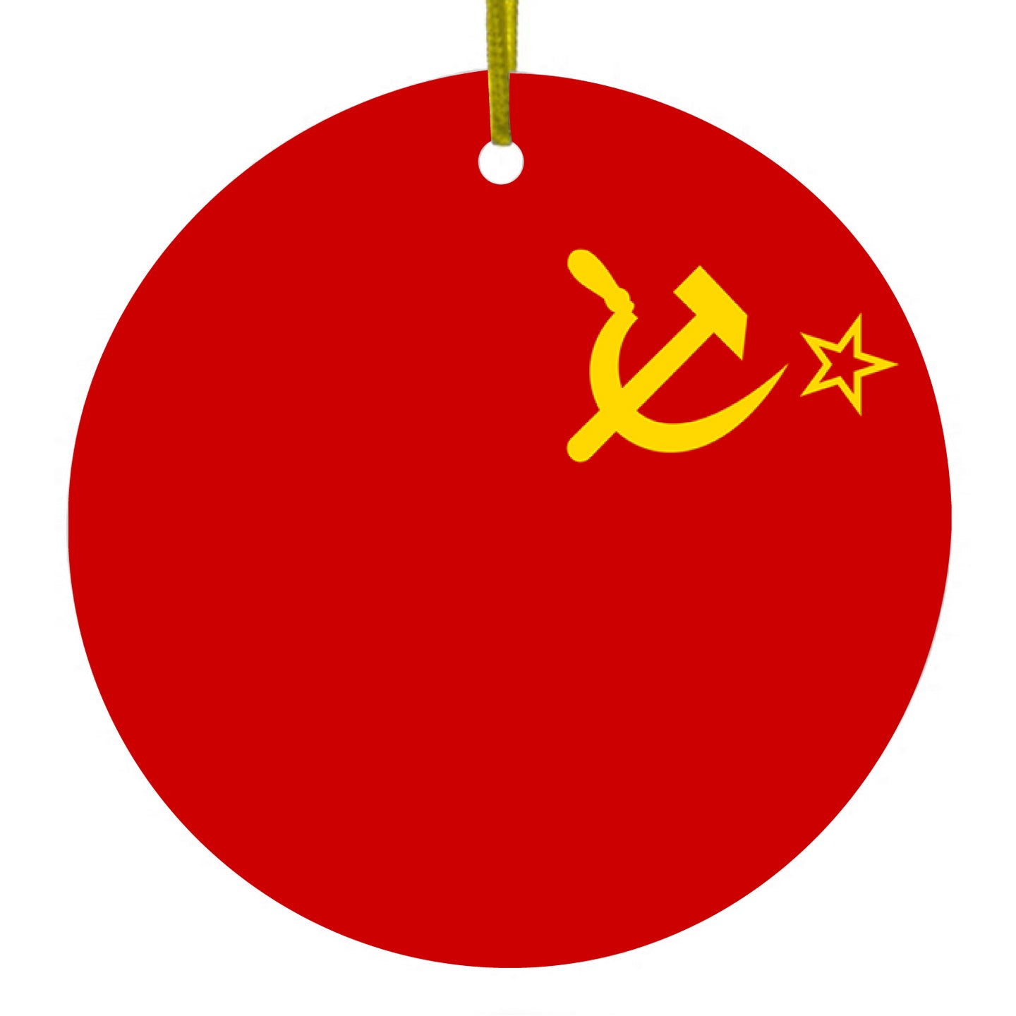 DistinctInk® Hanging Ceramic Christmas Tree Ornament with Gold String - Great Gift / Present - 2 3/4 inch Diameter - USSR Soviet Flag Red Yellow