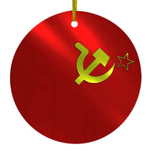 DistinctInk® Hanging Ceramic Christmas Tree Ornament with Gold String - Great Gift / Present - 2 3/4 inch Diameter - USSR Soviet Flag Waving Red Yellow