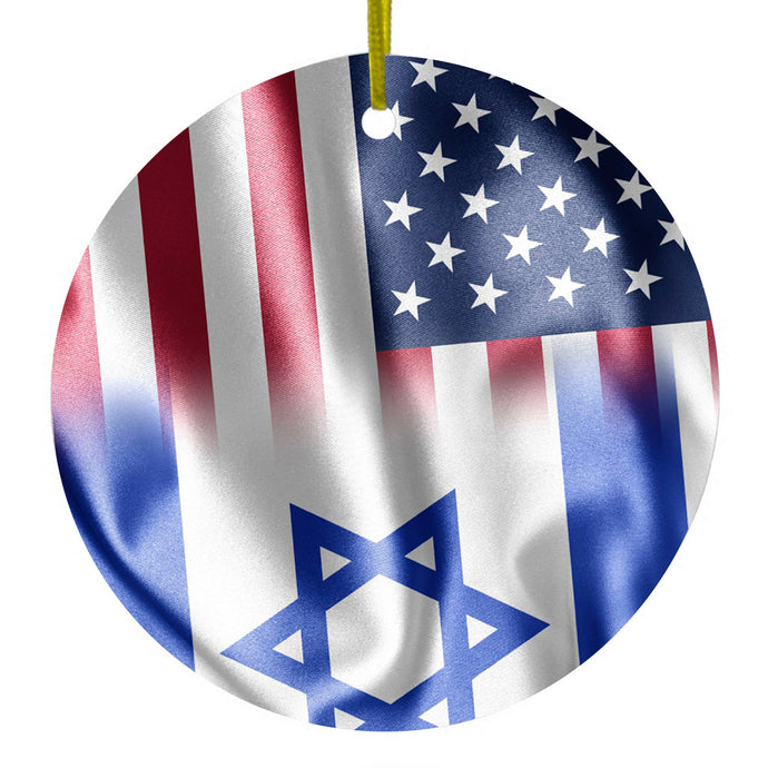 DistinctInk® Hanging Ceramic Christmas Tree Ornament with Gold String - Great Gift / Present - 2 3/4 inch Diameter - US Israel Flag Waving
