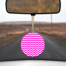 DistinctInk® Hanging Ceramic Christmas Tree Ornament with Gold String - Great Gift / Present - 2 3/4 inch Diameter - Hot Pink White Chevron Stripes Wave