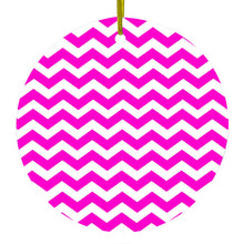 DistinctInk® Hanging Ceramic Christmas Tree Ornament with Gold String - Great Gift / Present - 2 3/4 inch Diameter - Hot Pink White Chevron Stripes Wave