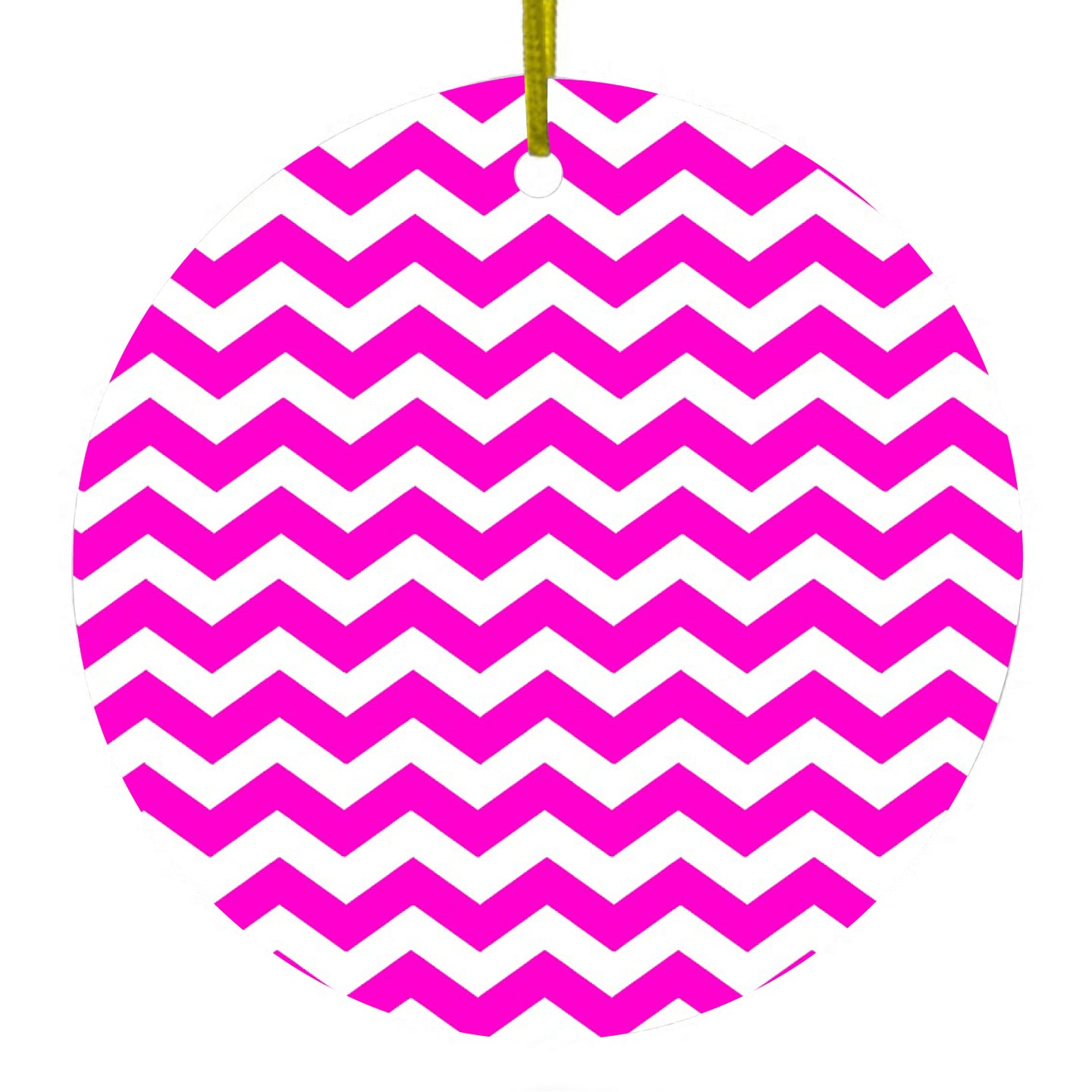 DistinctInk® Hanging Ceramic Christmas Tree Ornament with Gold String - Great Gift / Present - 2 3/4 inch Diameter - Hot Pink White Chevron Stripes Wave