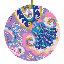 DistinctInk® Hanging Ceramic Christmas Tree Ornament with Gold String - Great Gift / Present - 2 3/4 inch Diameter - Purple Pink Blue Paisley