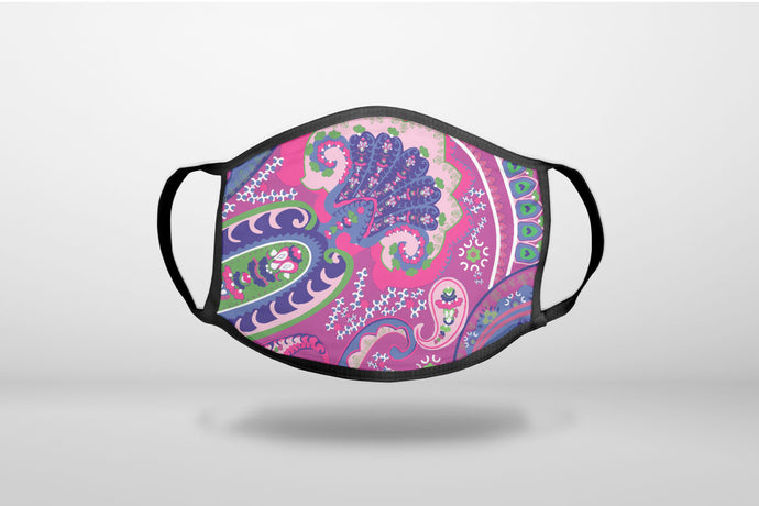 Pink Purple Green Paisley - 3-Ply Reusable Soft Face Mask Covering, Unisex, Cotton Inner Layer