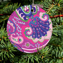 DistinctInk® Hanging Ceramic Christmas Tree Ornament with Gold String - Great Gift / Present - 2 3/4 inch Diameter - Pink Purple Green Paisley