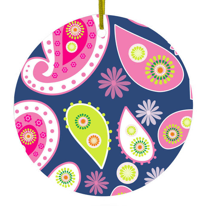Pink Green Navy Paisley Ceramic Ornament