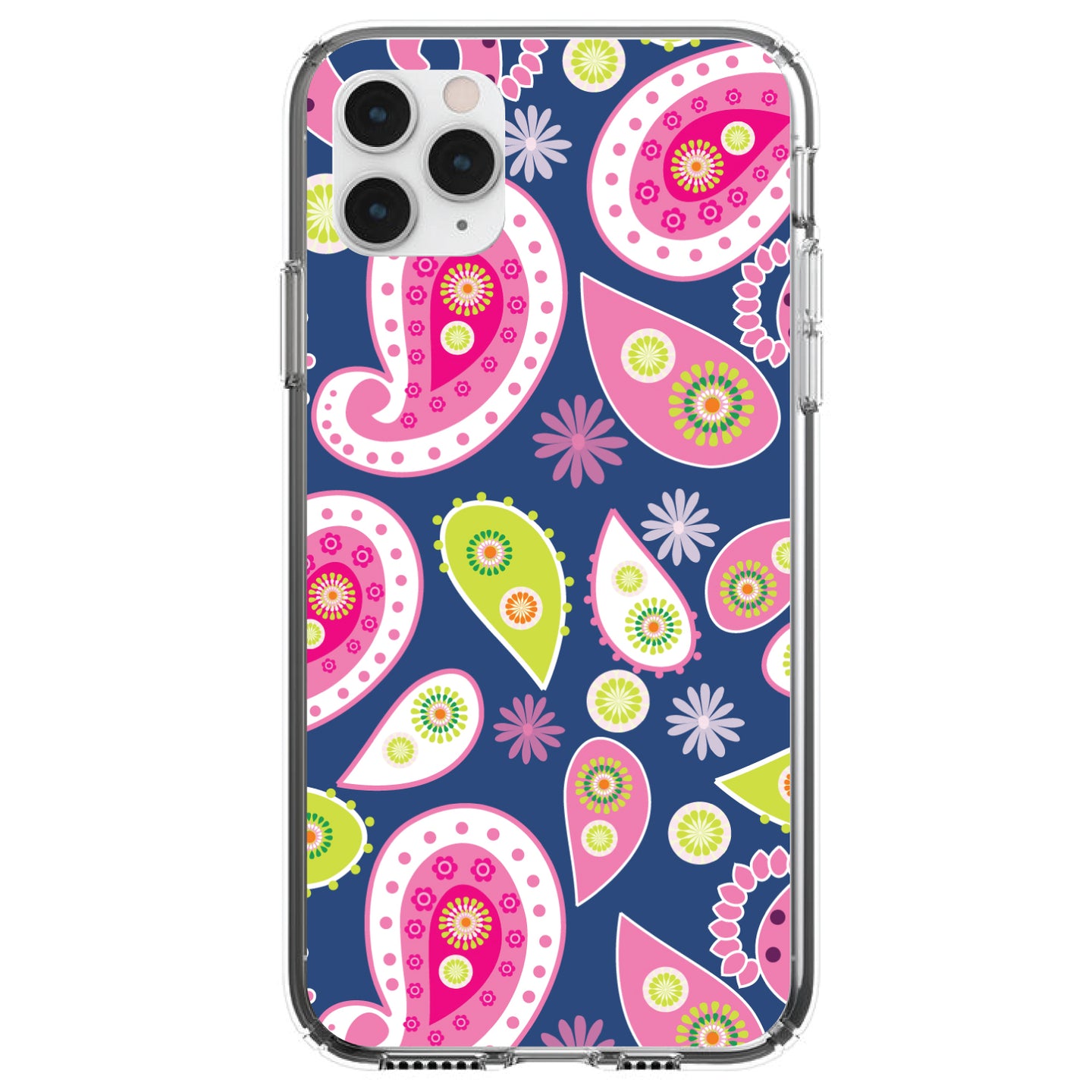 DistinctInk® Clear Shockproof Hybrid Case for Apple iPhone / Samsung Galaxy / Google Pixel - Pink Green Navy Paisley