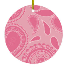 DistinctInk® Hanging Ceramic Christmas Tree Ornament with Gold String - Great Gift / Present - 2 3/4 inch Diameter - Big Pink Paisley