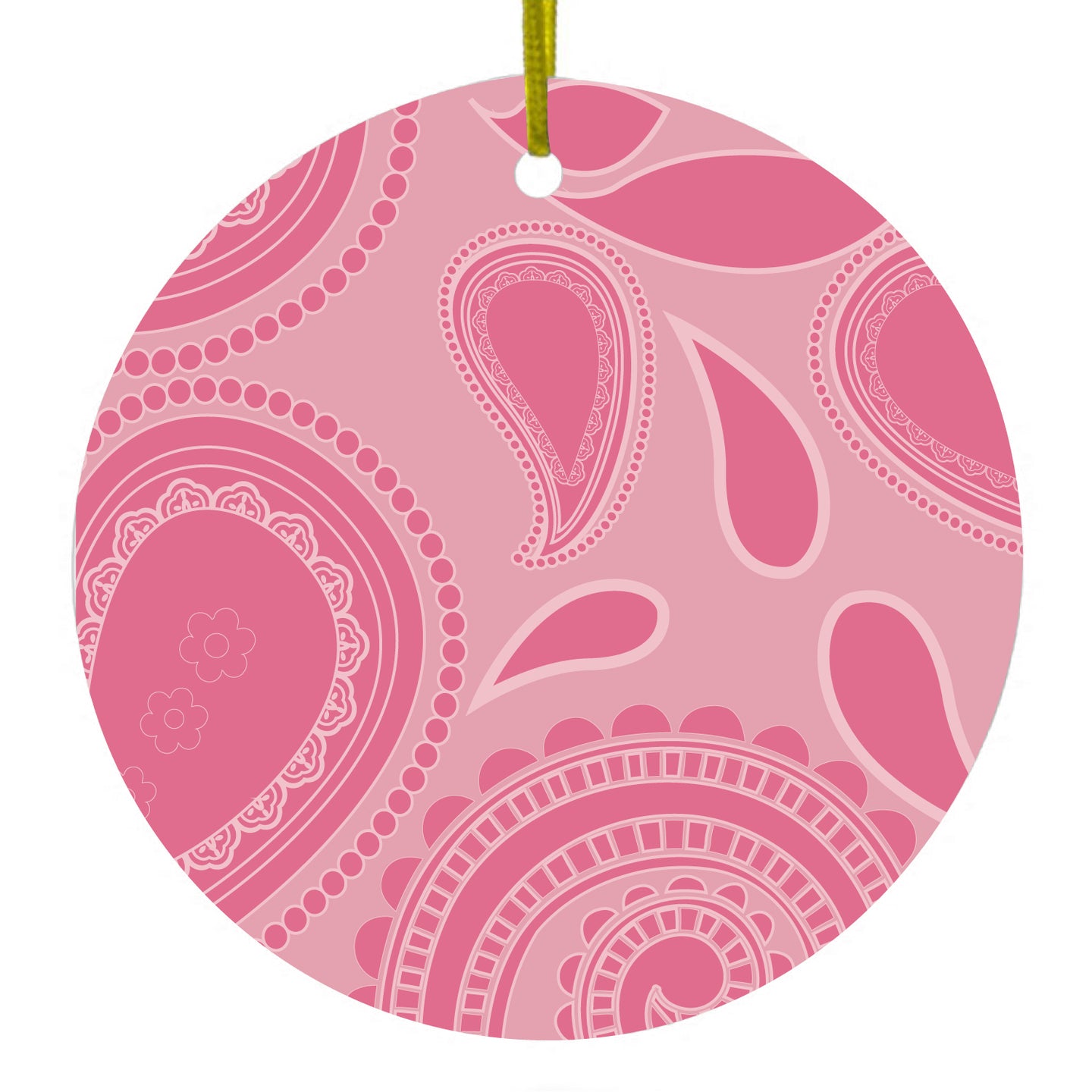 DistinctInk® Hanging Ceramic Christmas Tree Ornament with Gold String - Great Gift / Present - 2 3/4 inch Diameter - Big Pink Paisley