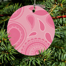 DistinctInk® Hanging Ceramic Christmas Tree Ornament with Gold String - Great Gift / Present - 2 3/4 inch Diameter - Big Pink Paisley