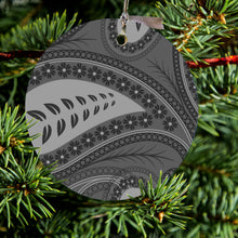 DistinctInk® Hanging Ceramic Christmas Tree Ornament with Gold String - Great Gift / Present - 2 3/4 inch Diameter - Big Grey Black Paisley