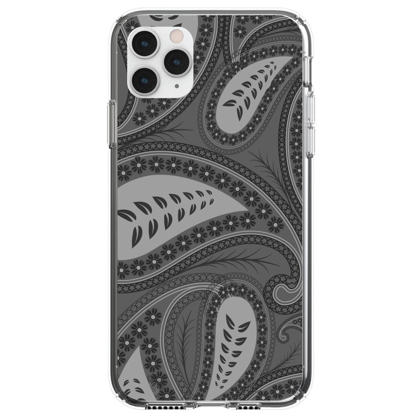 DistinctInk® Clear Shockproof Hybrid Case for Apple iPhone / Samsung Galaxy / Google Pixel - Big Grey Black Paisley