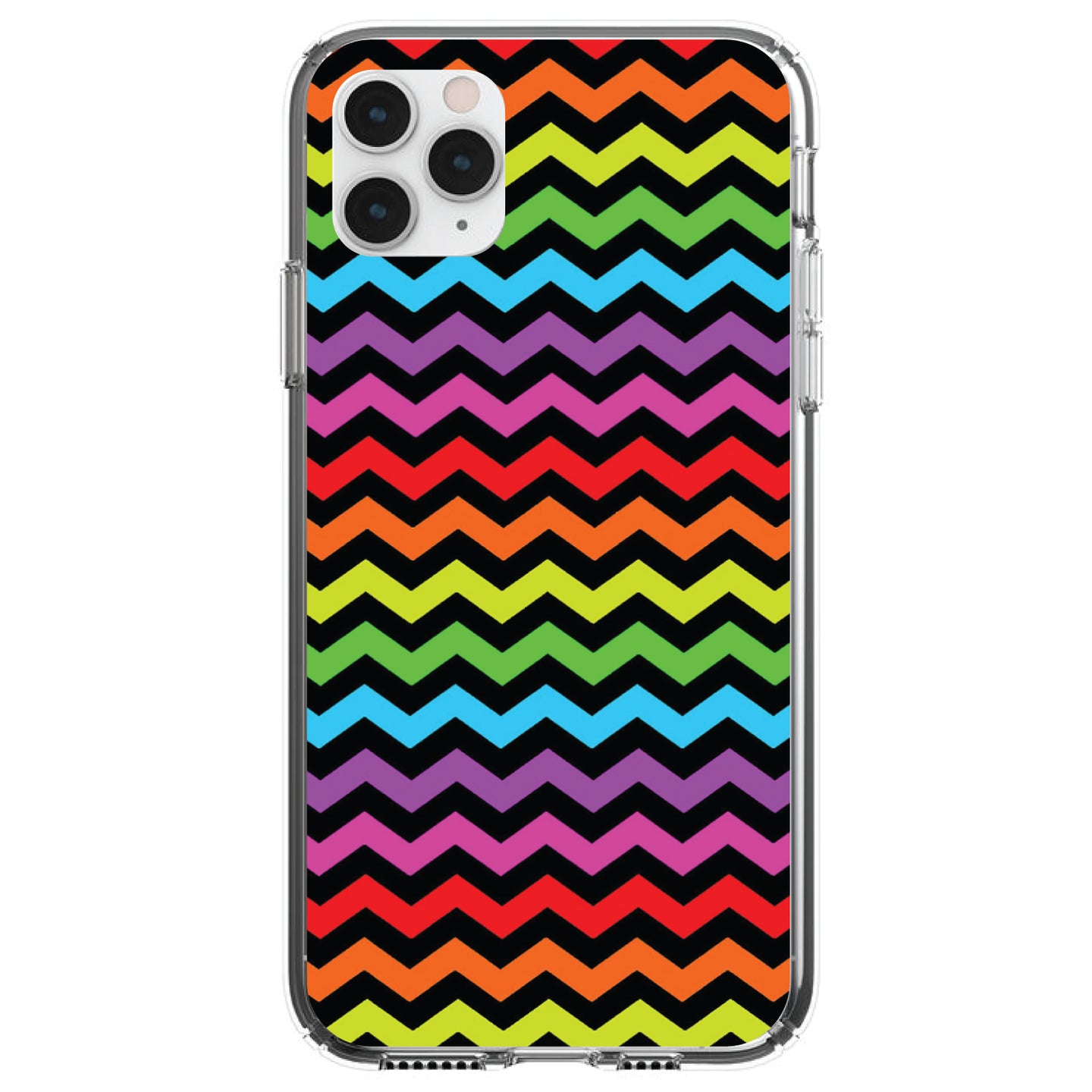 DistinctInk® Clear Shockproof Hybrid Case for Apple iPhone / Samsung Galaxy / Google Pixel - Rainbow Black Chevron Stripes Wave