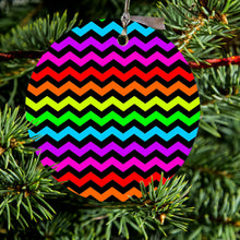 DistinctInk® Hanging Ceramic Christmas Tree Ornament with Gold String - Great Gift / Present - 2 3/4 inch Diameter - Rainbow Black Chevron Stripes Wave