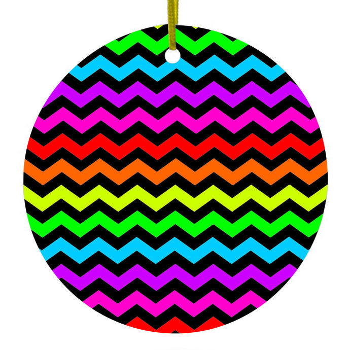 Rainbow Black Chevron Stripes Wave Ceramic Ornament