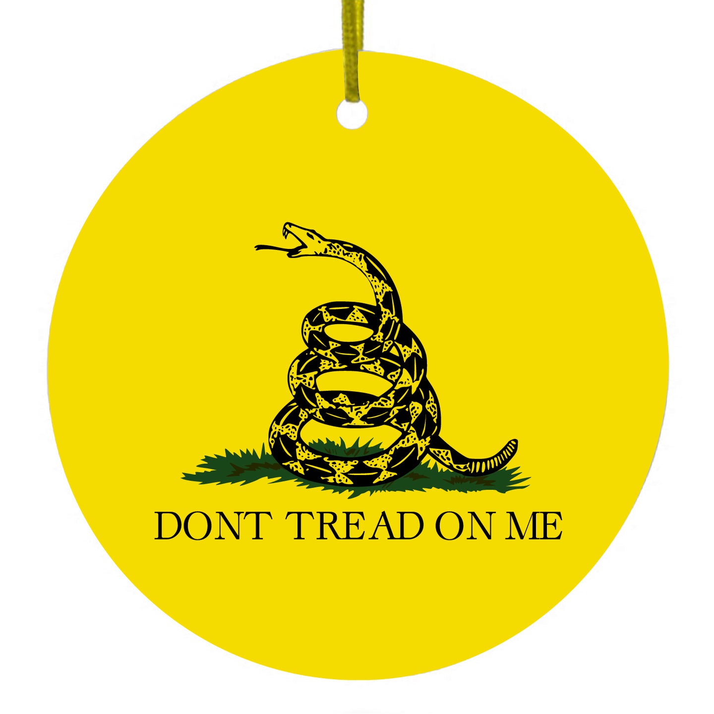DistinctInk® Hanging Ceramic Christmas Tree Ornament with Gold String - Great Gift / Present - 2 3/4 inch Diameter - Don't Tread On Me - Gadsden Flag