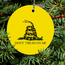 DistinctInk® Hanging Ceramic Christmas Tree Ornament with Gold String - Great Gift / Present - 2 3/4 inch Diameter - Don't Tread On Me - Gadsden Flag