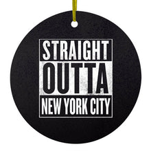 DistinctInk® Hanging Ceramic Christmas Tree Ornament with Gold String - Great Gift / Present - 2 3/4 inch Diameter - Straight Outta New York City