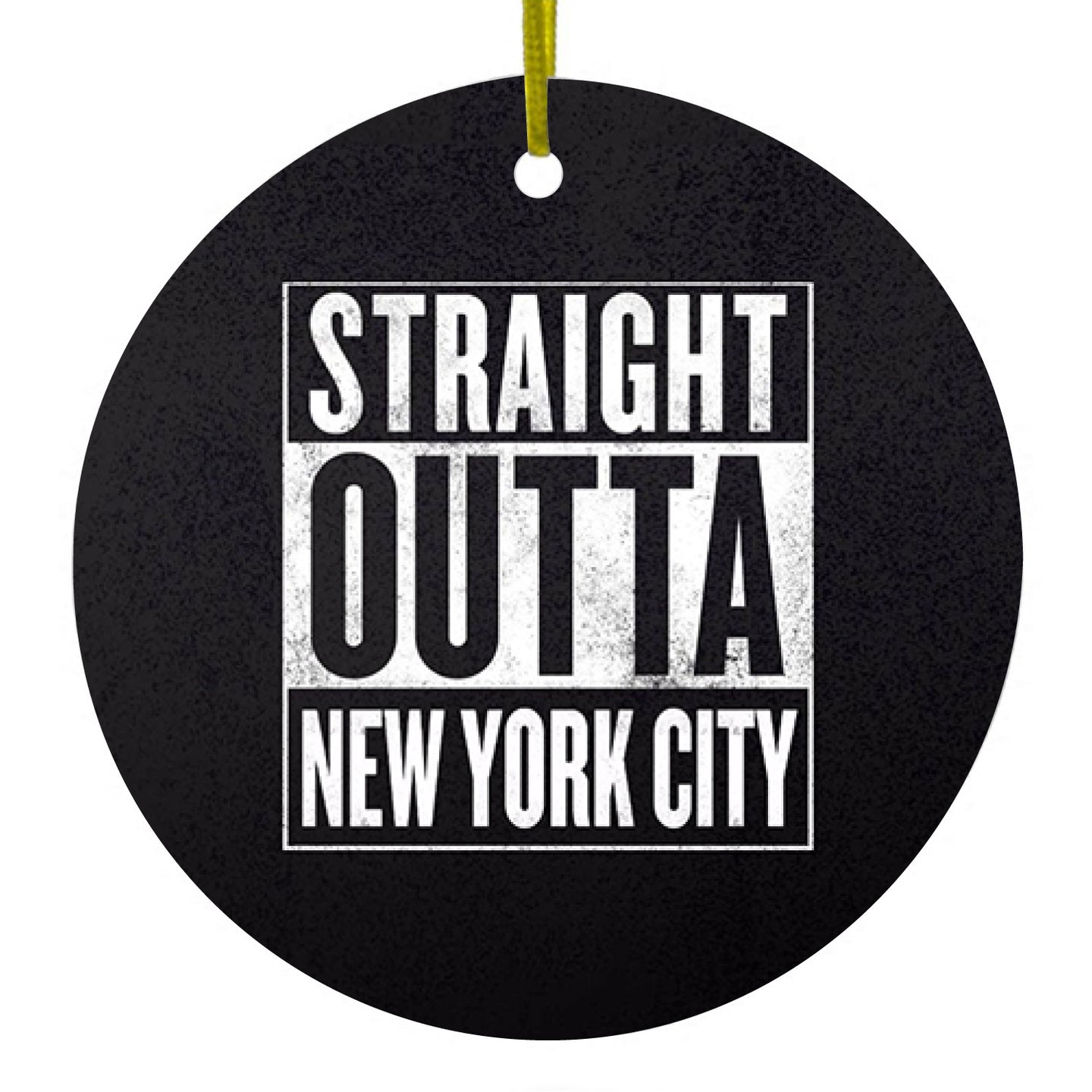 DistinctInk® Hanging Ceramic Christmas Tree Ornament with Gold String - Great Gift / Present - 2 3/4 inch Diameter - Straight Outta New York City