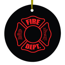 DistinctInk® Hanging Ceramic Christmas Tree Ornament with Gold String - Great Gift / Present - 2 3/4 inch Diameter - Red Fire Department Maltese Cross
