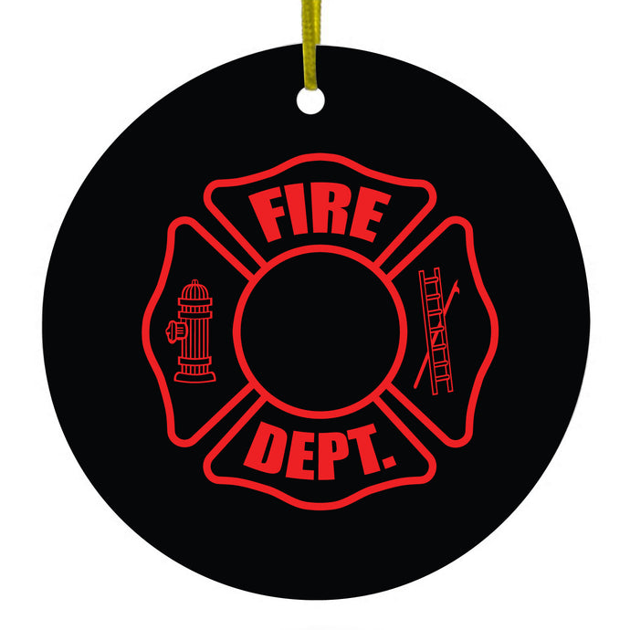 DistinctInk® Hanging Ceramic Christmas Tree Ornament with Gold String - Great Gift / Present - 2 3/4 inch Diameter - Red Fire Department Maltese Cross