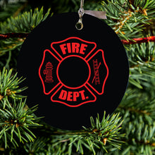 DistinctInk® Hanging Ceramic Christmas Tree Ornament with Gold String - Great Gift / Present - 2 3/4 inch Diameter - Red Fire Department Maltese Cross