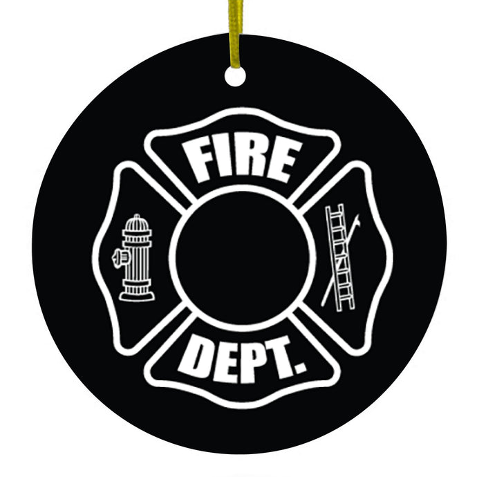 DistinctInk® Hanging Ceramic Christmas Tree Ornament with Gold String - Great Gift / Present - 2 3/4 inch Diameter - White Fire Department Maltese Cross