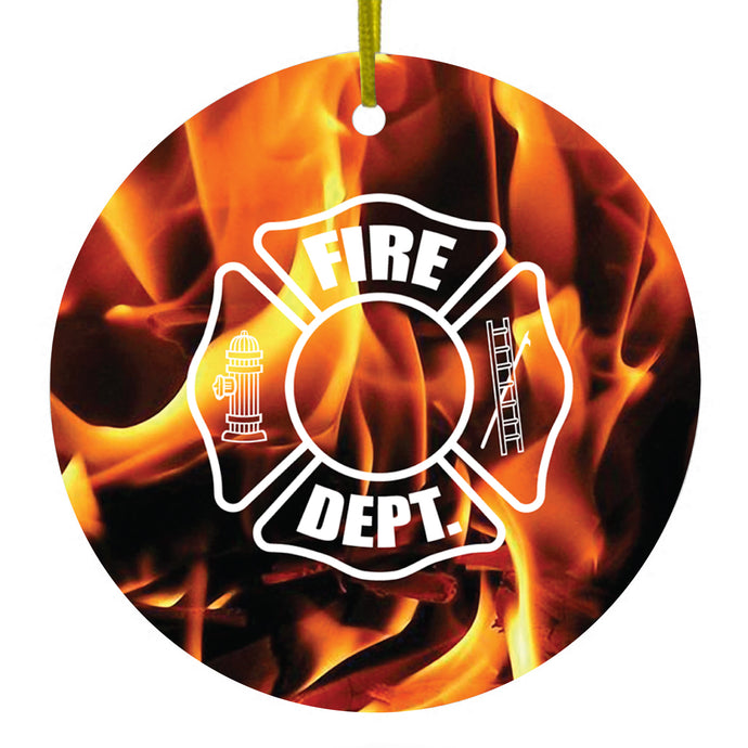 DistinctInk® Hanging Ceramic Christmas Tree Ornament with Gold String - Great Gift / Present - 2 3/4 inch Diameter - Flames Fire Department Maltese Cross