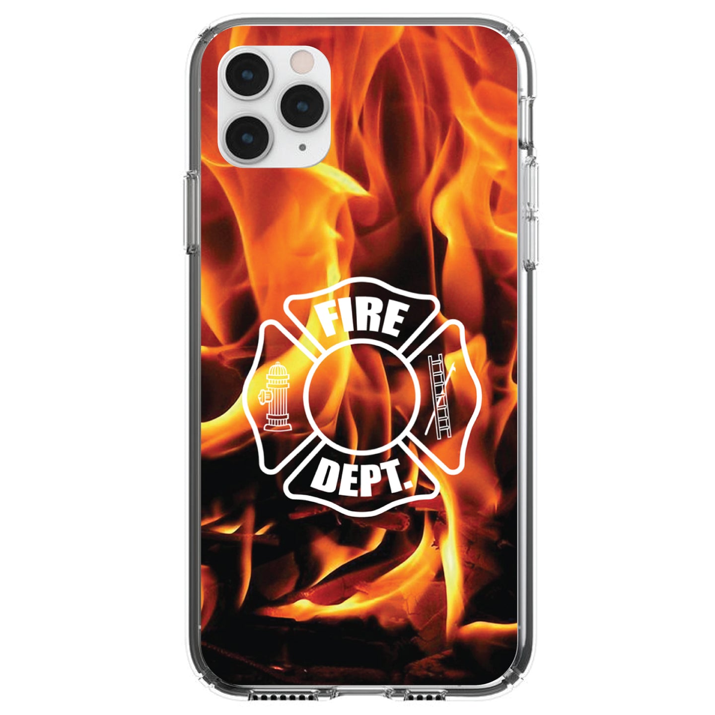 DistinctInk® Clear Shockproof Hybrid Case for Apple iPhone / Samsung Galaxy / Google Pixel - Flames Fire Department Maltese Cross