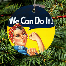 DistinctInk® Hanging Ceramic Christmas Tree Ornament with Gold String - Great Gift / Present - 2 3/4 inch Diameter - Rosie the Riveter