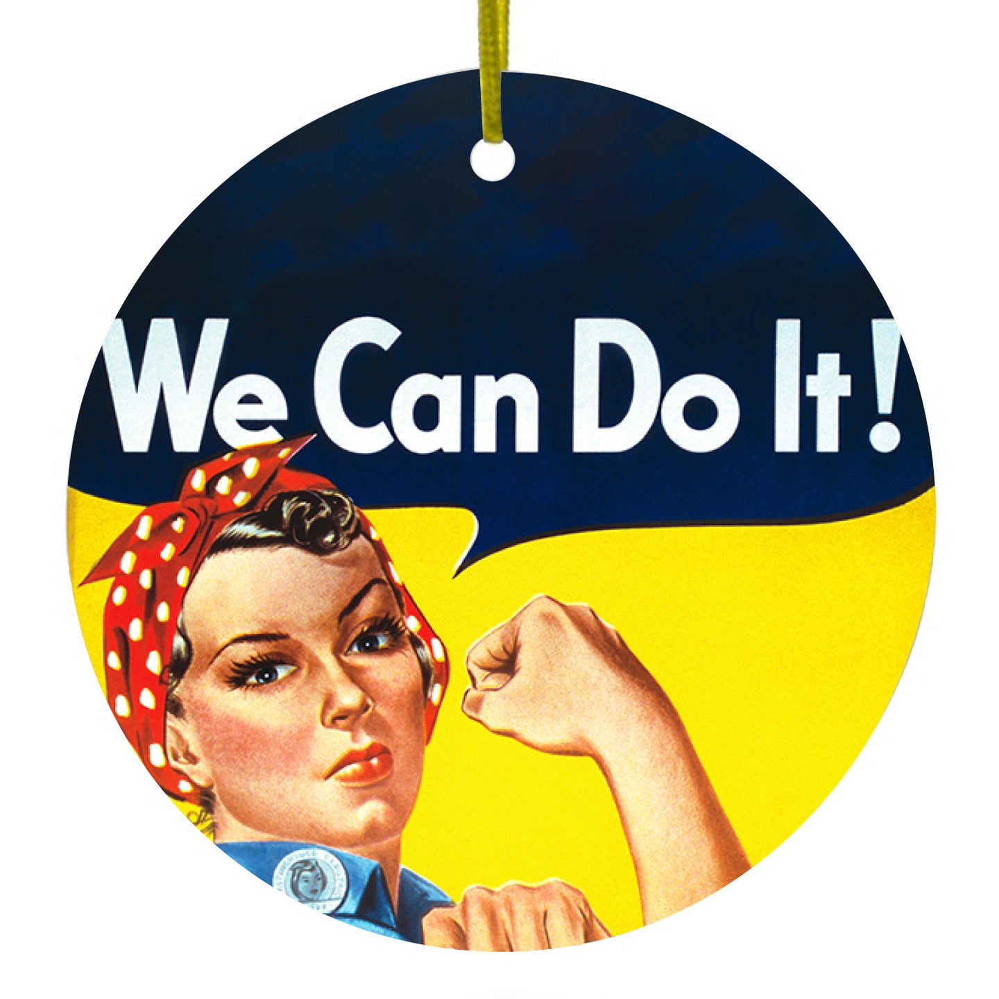 DistinctInk® Hanging Ceramic Christmas Tree Ornament with Gold String - Great Gift / Present - 2 3/4 inch Diameter - Rosie the Riveter