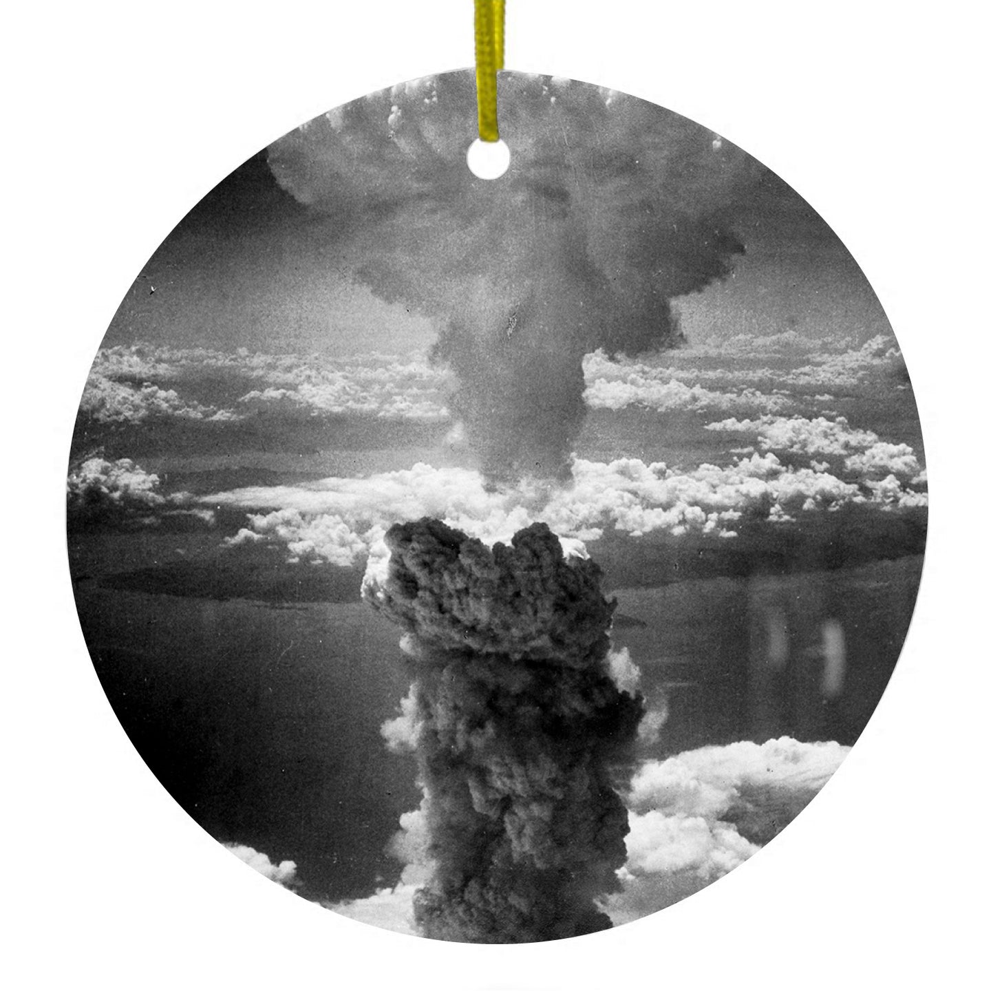 DistinctInk® Hanging Ceramic Christmas Tree Ornament with Gold String - Great Gift / Present - 2 3/4 inch Diameter - Nuclear Mushroom Cloud