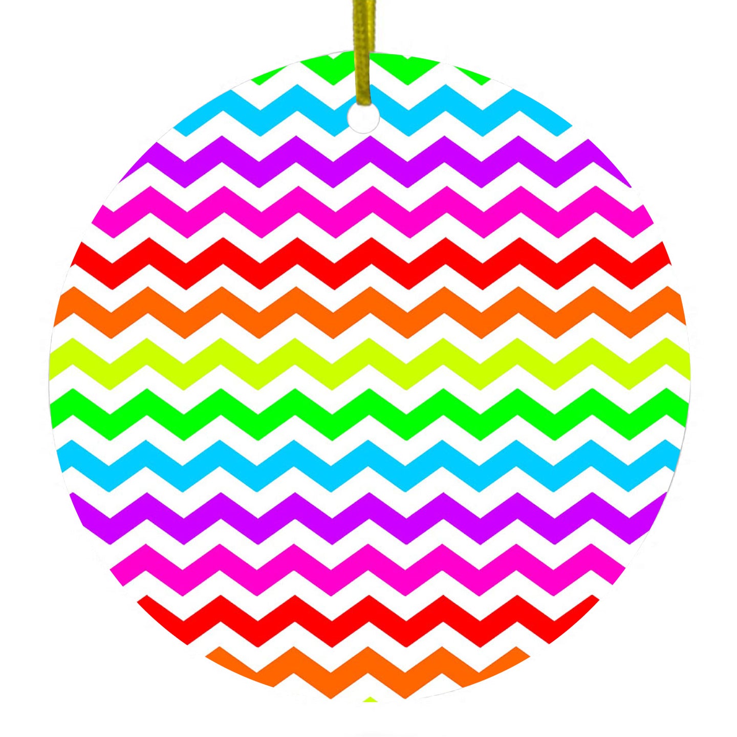 DistinctInk® Hanging Ceramic Christmas Tree Ornament with Gold String - Great Gift / Present - 2 3/4 inch Diameter - Rainbow White Chevron Stripes Wave