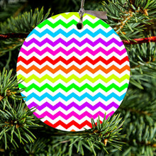 DistinctInk® Hanging Ceramic Christmas Tree Ornament with Gold String - Great Gift / Present - 2 3/4 inch Diameter - Rainbow White Chevron Stripes Wave
