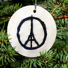 DistinctInk® Hanging Ceramic Christmas Tree Ornament with Gold String - Great Gift / Present - 2 3/4 inch Diameter - Paris Peace Symbol