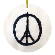 DistinctInk® Hanging Ceramic Christmas Tree Ornament with Gold String - Great Gift / Present - 2 3/4 inch Diameter - Paris Peace Symbol