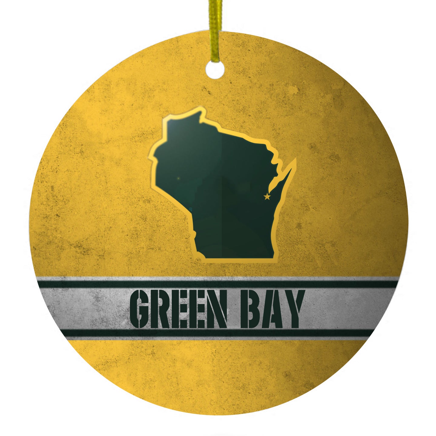 DistinctInk® Hanging Ceramic Christmas Tree Ornament with Gold String - Great Gift / Present - 2 3/4 inch Diameter - Green Bay Wisconsin
