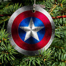 DistinctInk® Hanging Ceramic Christmas Tree Ornament with Gold String - Great Gift / Present - 2 3/4 inch Diameter - Red White Blue Shield